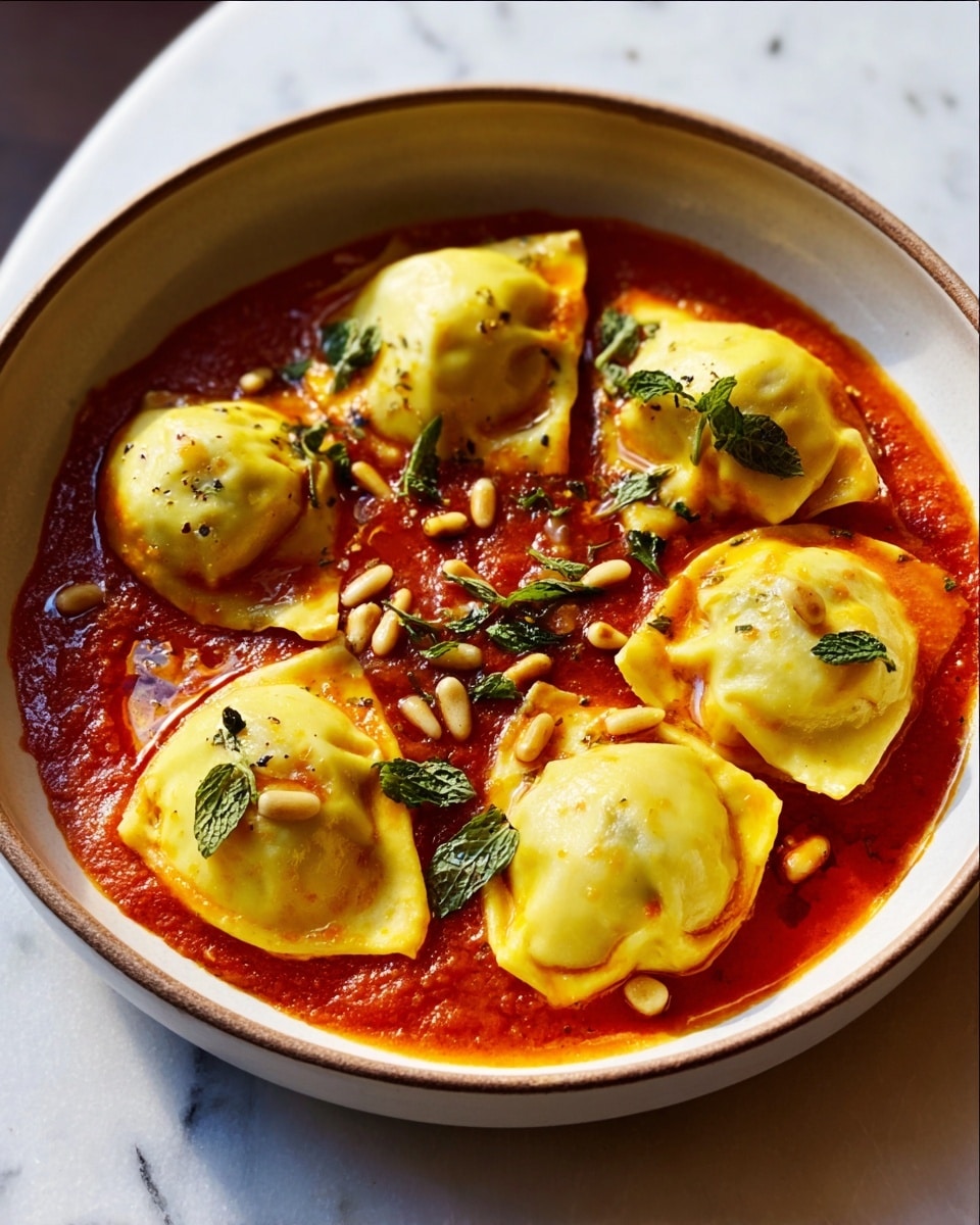 A round metallic bowl holds four yellow ravioli pieces with a smooth, slightly shiny texture, each topped with small green herb leaves. The ravioli sit in a deep red sauce that looks thick and rich, with small ivory pine nuts scattered on top and in the sauce. The sauce covers the bottom half of the ravioli, creating a nice contrast with their bright yellow color. A silver spoon is placed beside the bowl on a white marbled surface. Photo taken with an iphone --ar 4:5 --v 7