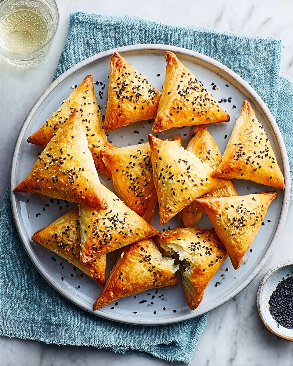 A white plate filled with ten golden-brown triangular pastries sprinkled with black sesame seeds on top. The pastries are arranged in a scattered way, some overlapping each other, with one piece broken showing flaky layers inside. The plate is placed on a folded light blue cloth on a white marbled surface, with a glass of water and a small bowl of black sesame seeds nearby. photo taken with an iphone --ar 4:5 --v 7