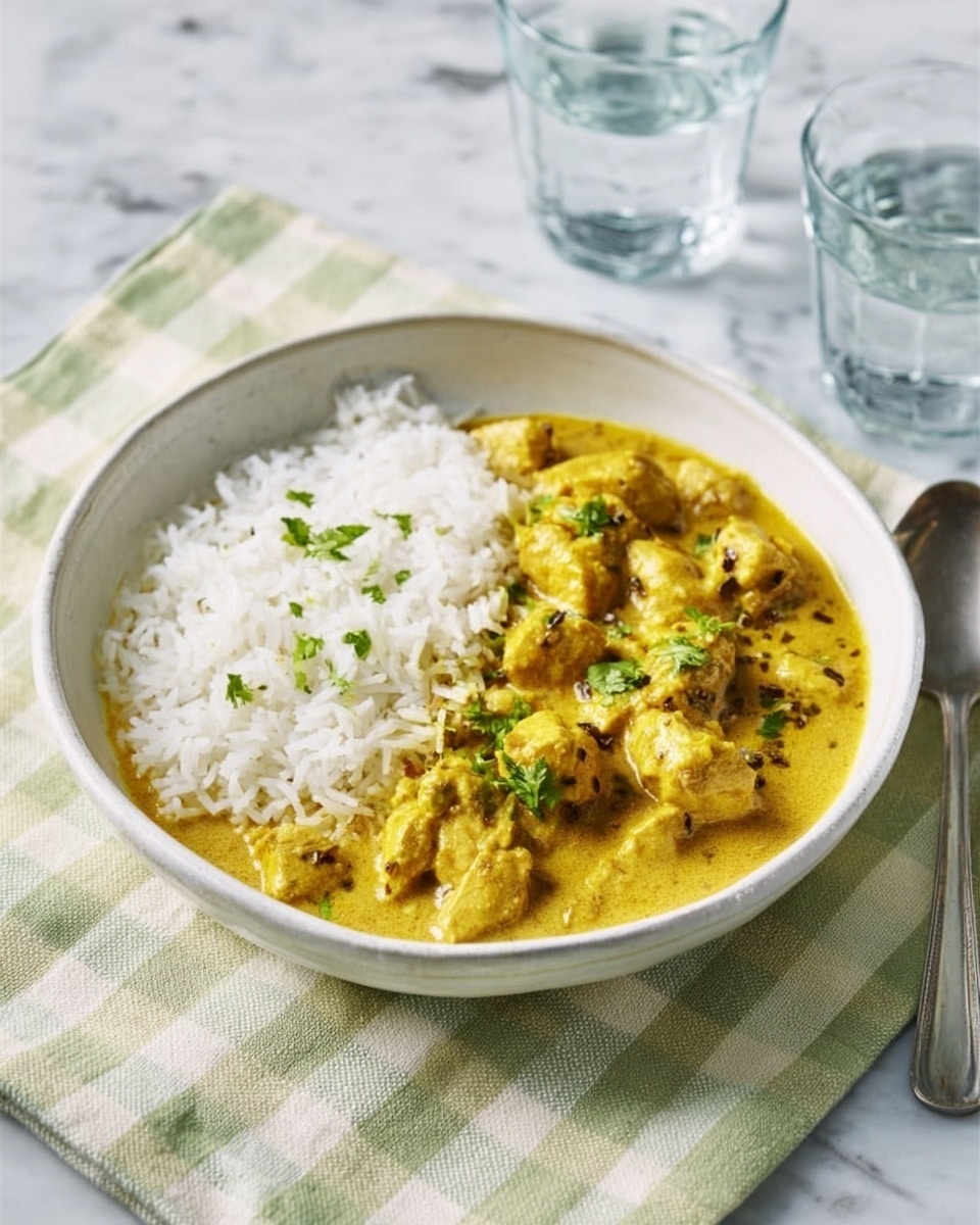 A white shallow bowl filled halfway with cooked white rice and the other half with yellow curry chicken pieces covered in a creamy sauce and garnished with chopped green herbs. The bowl is placed on a green checked cloth with fringes on a white marbled surface, beside a metal spoon and a glass of water. Another bowl of white rice is slightly visible in the background. photo taken with an iphone --ar 4:5 --v 7
