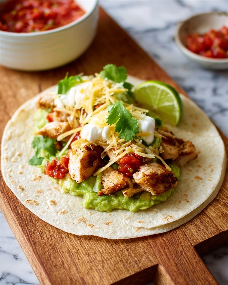The image shows two stacked soft white tortillas on a wooden board placed on a white marbled surface. On top of the tortillas, there is a layer of green guacamole, followed by a layer of grilled chicken pieces with a light char and golden brown color. Above the chicken, there is a scoop of red salsa with a chunky texture and some shredded white cheese. Dollops of white sour cream are spread on the salsa. A few sprigs of fresh green cilantro are laid across the top, and a lime half with the cut side up is placed on the left side of the tortillas. In the background, there is a white bowl filled with extra salsa. Photo taken with an iphone --ar 4:5 --v 7
