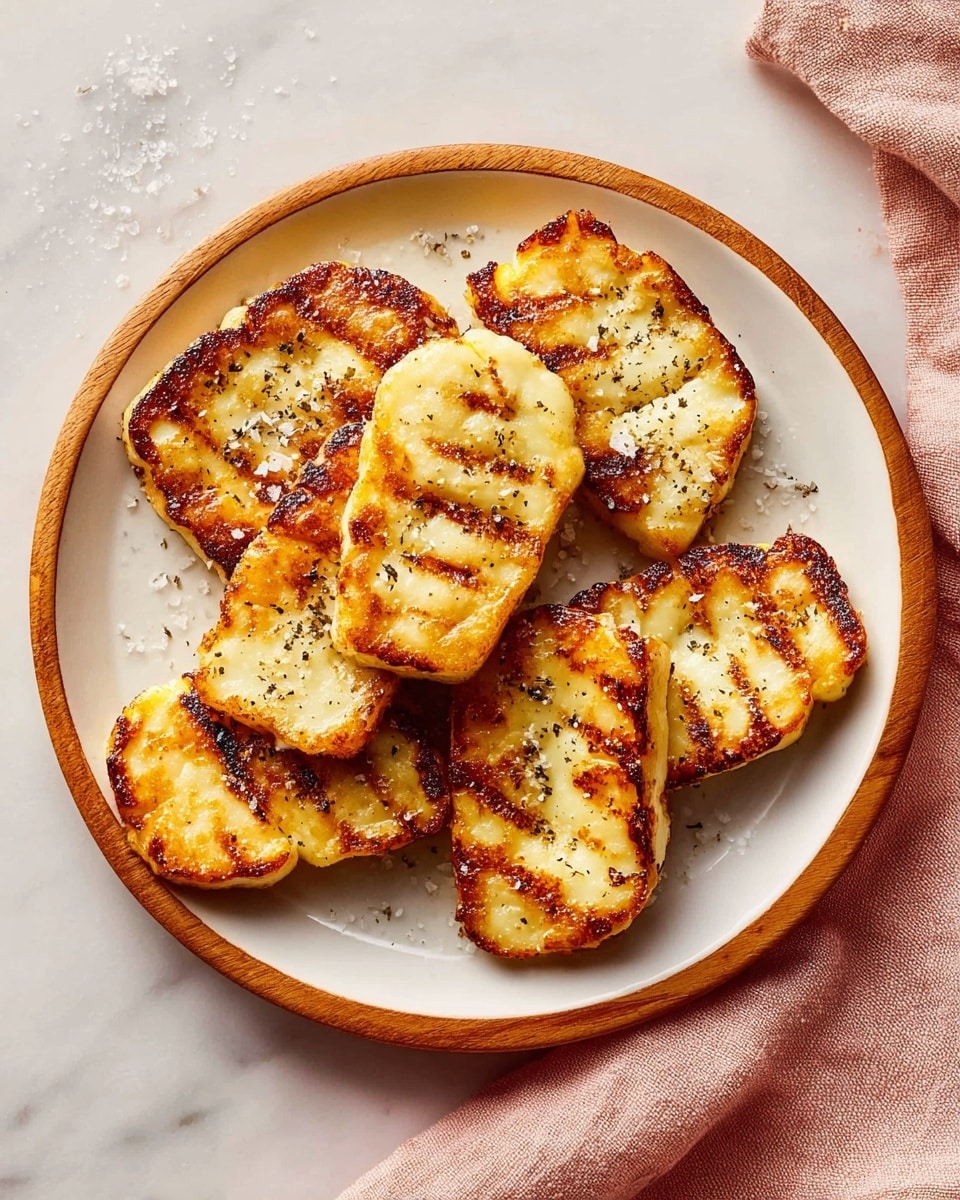 The image shows seven golden-brown grilled cheese pieces on a white round plate, arranged in a slightly overlapping manner. Each piece has clear grill marks and a crispy, slightly charred texture with a shiny, oily surface. On top of the cheese, there are small sprinkles of coarse salt and black pepper. The plate is placed on a white marbled surface, with a folded pinkish cloth lightly visible on the right side. Photo taken with an iphone --ar 4:5 --v 7