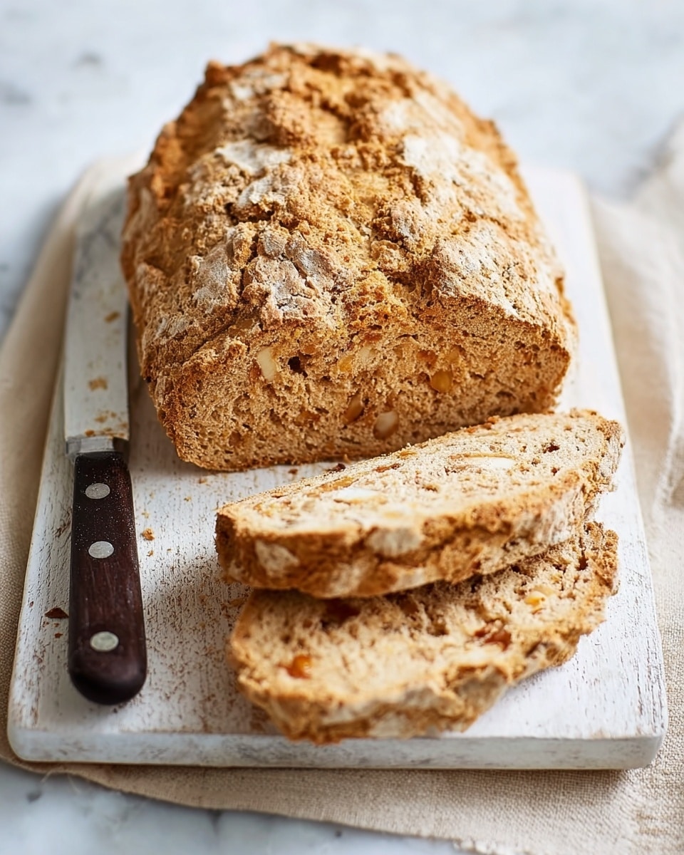The image shows a loaf of bread on a white cutting board with two slices cut and laid flat in front of the loaf. The bread is light brown with a rough texture, showing bits of white and darker spots throughout, suggesting nuts and dried fruit inside. Next to the bread is a knife with a black handle, placed with the blade facing away. The background has a white marbled pattern, giving a clean and simple look. Photo taken with an iphone --ar 4:5 --v 7