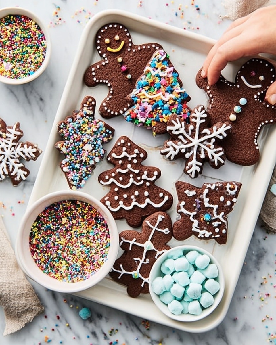 The image shows a baking tray with several chocolate cookies in different shapes, such as gingerbread men, snowflakes, and Christmas trees, all decorated with various colorful sprinkles and white icing patterns. The tray is placed on a white marbled surface. On the tray, near the top right corner, there are two white bowls with pastel-colored star-shaped and blue-and-white round sprinkles, adding bright color contrast. The cookies have a rich dark brown texture with vibrant decorations that stand out against the light background. Photo taken with an iphone --ar 4:5 --v 7