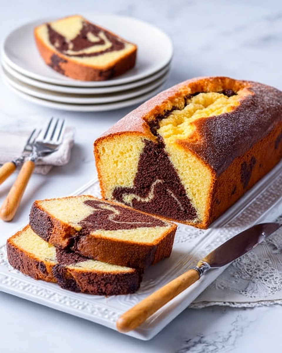 The image shows a loaf of marble cake placed on a white decorative rectangular plate over a white marbled surface. The cake has two main layers – a golden yellow vanilla layer on the outside and a dark brown chocolate layer swirling through the middle and top, creating a marbled pattern. Two thick slices are cut from the loaf, revealing the same marbled swirl inside, with one slice placed next to the cake on the plate and another slice on a stack of three white round plates nearby. A silver cake server lies in front of the plate, and two dessert forks with light wooden handles are placed slightly above the cake, resting on the white marbled surface. Photo taken with an iphone --ar 4:5 --v 7