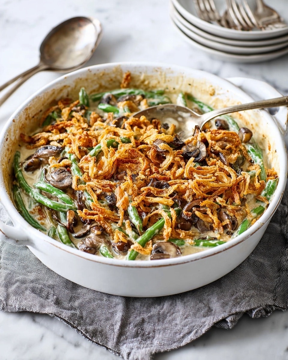 A white round casserole dish holds a creamy green bean casserole with three visible layers. The bottom layer is a thick white creamy sauce mixed with sliced mushrooms, topped with bright green whole green beans arranged mostly around the edge and partly in the center. The top layer is made of golden-brown crispy fried onions spread evenly across the casserole's surface, adding a crunchy texture. The dish sits on a crumpled gray cloth on a white marbled surface, next to a vintage serving spoon with a worn gray handle and a small stack of empty white plates with two forks on top. Photo taken with an iphone --ar 4:5 --v 7
