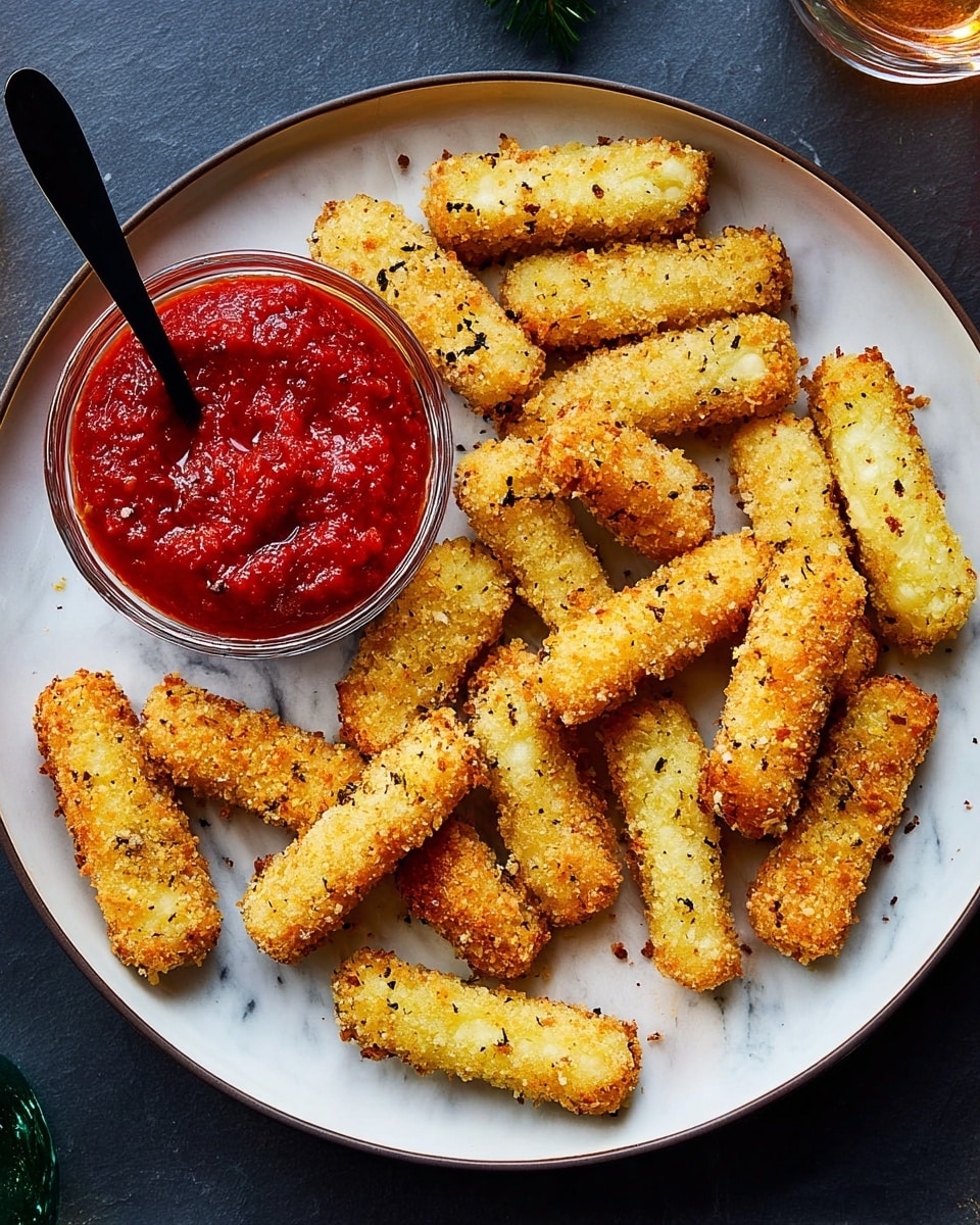 A white round plate holds eleven golden brown mozzarella sticks, each with a crispy, crumbly texture and some black specks of seasoning. In the top left corner of the plate is a small round clear bowl filled with chunky red marinara sauce, and a black spoon is resting in the sauce. The plate is placed on a white marbled surface. Photo taken with an iphone --ar 4:5 --v 7
