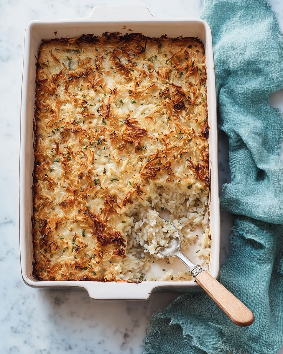 A white rectangular baking dish filled with a browned, crispy, and textured potato casserole. The top layer is golden with some darker brown spots, showing shredded potatoes mixed with herbs and melted cheese. Near the top left corner, a portion of the casserole is scooped out, revealing a creamy, light beige layer underneath with shredded bits visible. The dish is placed on a white marbled surface, next to a light teal cloth and a metal spoon with some casserole remnants. photo taken with an iphone --ar 4:5 --v 7
