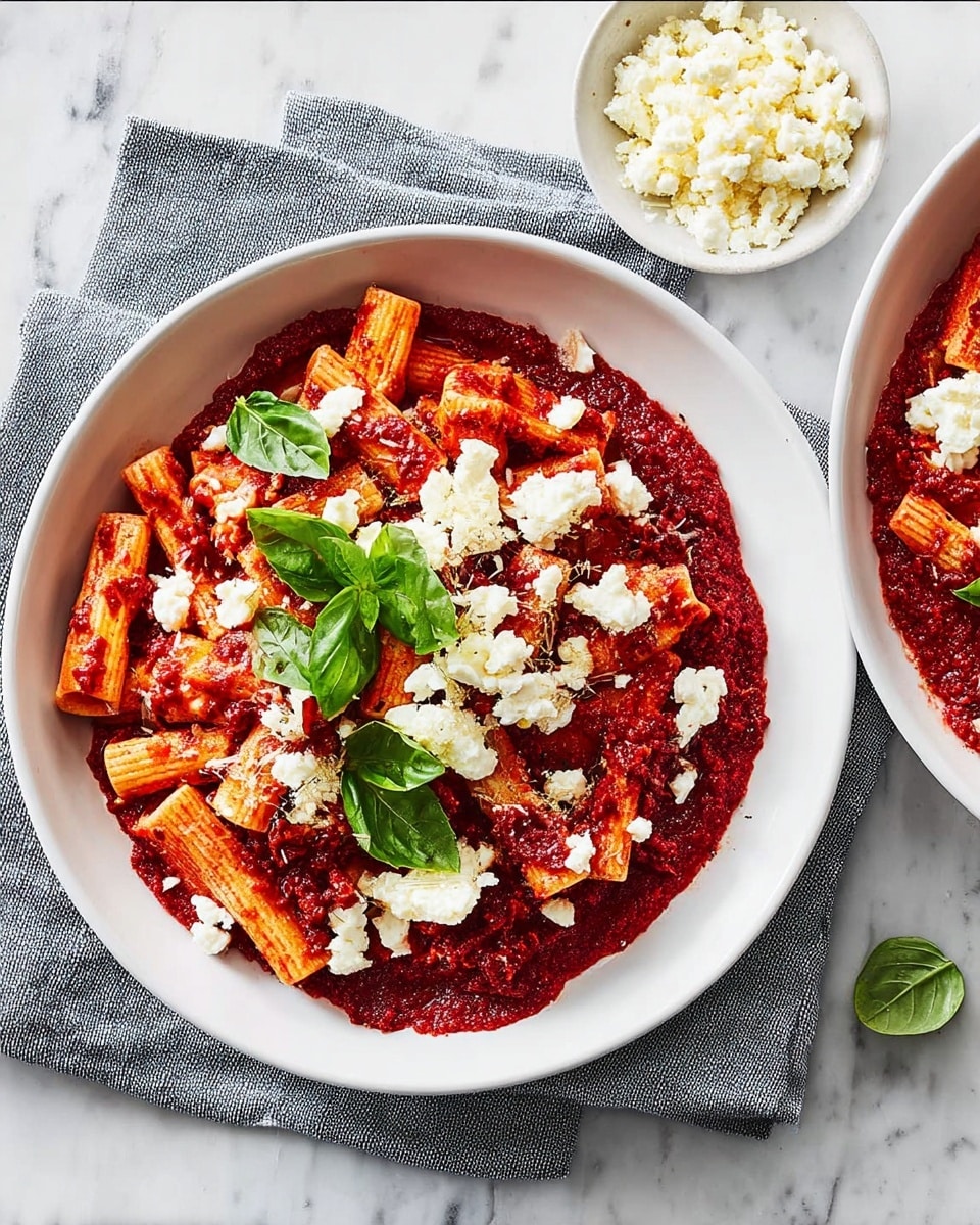 Two white bowls hold a dish with three main layers: the bottom layer is a rich, bright red sauce spread smoothly on the bowl's base; the middle layer consists of short, thick pasta pieces coated with the red sauce, arranged loosely across the bowl; on top, there are small dollops and crumbles of white cheese scattered unevenly, along with a cluster of fresh green basil leaves in the center, adding a fresh touch. The bowls rest on a gray cloth over a white marbled surface. A small white bowl with more white cheese fills the top right corner of the image. photo taken with an iphone --ar 4:5 --v 7