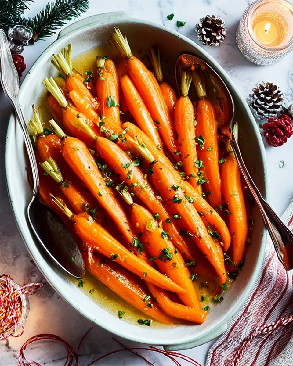 The image shows a white oval dish filled with bright orange roasted carrots, each coated with a glossy layer of oil or glaze. The carrots are neatly arranged in a slightly stacked, overlapping pattern, with small green tops still attached to some. Tiny green herbs are sprinkled over the carrots, adding specks of color and texture. The dish is placed on a white marbled surface, surrounded by holiday-themed decor including a lit candle in a copper holder, small pine cones, and a red ornament. A shiny silver spoon rests on the left side inside the dish, and a silver fork is placed on the right side outside the dish. Photo taken with an iphone --ar 4:5 --v 7