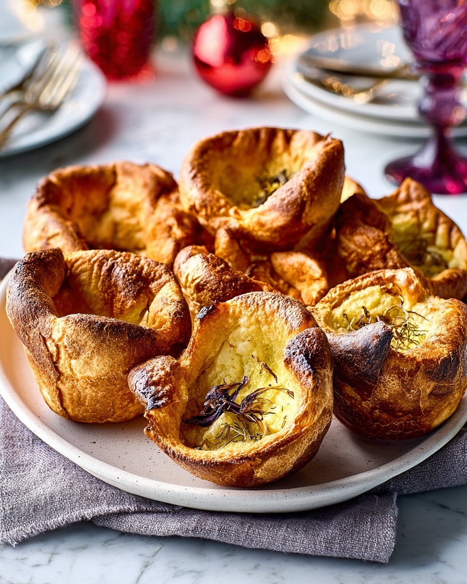 A round white plate filled with seven golden-brown Yorkshire puddings, each puffed up with rough, crispy edges and soft, slightly hollow centers revealing some green herbs and a few dark crispy bits on top, placed on a light gray cloth on a white marbled surface. The background has a soft focus with a glass of white wine, a candle, some flowers, and a red ornament. photo taken with an iphone --ar 4:5 --v 7