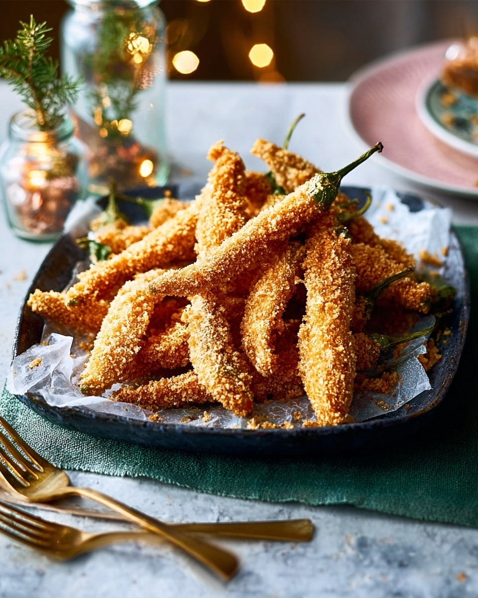 A white twisted-edged plate holds several pieces of golden-brown fried eggplant sticks, evenly coated with a crispy crumb layer, arranged in a slightly stacked pile. The plate sits on a soft gray cloth, placed over a white marbled surface. To the right of the plate, there is a gold spoon and fork crossed, resting on the cloth. In the background, some small holiday decorations and a glass jar with red berries can be seen softly blurred. Photo taken with an iphone --ar 4:5 --v 7