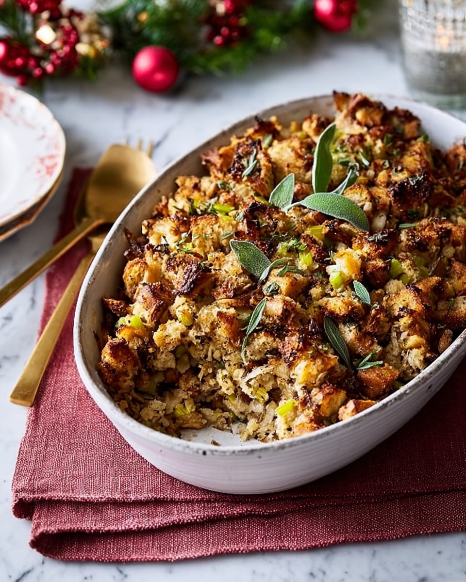 The dish is a baked casserole in a white ceramic oval dish placed on a stacked set of mauve and pink cloth napkins on a white marbled surface. The casserole is thick with a golden brown top layer that looks crispy, with bright green sage leaves scattered on top. Inside, the layers show a crumbly texture with mix of light yellow and beige pieces suggesting a combination of bread, herbs, and vegetables. Next to the dish is an elegant gold spoon resting on the napkins. In the background, there are red and green seasonal decorations adding a festive feel. Photo taken with an iphone --ar 4:5 --v 7