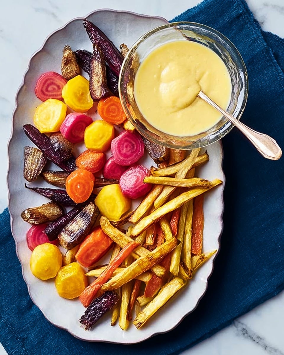 A white oval plate on a white marbled surface holds three sections of roasted vegetables: the top section has sliced round beets in red, yellow, and purple colors with smooth textures; the middle section features carrot-like sticks in orange and yellow shades with a lightly charred look; the bottom section contains root vegetable sticks in beige and brown tones, also showing some char marks. To the upper right of the plate, there is a small glass bowl filled with smooth, creamy light yellow sauce with a spoon inside. A blue cloth napkin is placed below the bowl. photo taken with an iphone --ar 4:5 --v 7