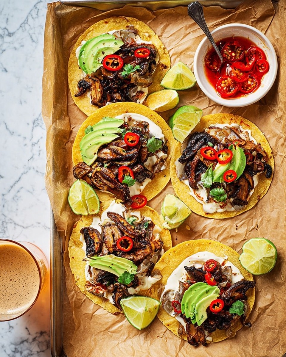 Six tacos sit on a baking tray lined with parchment paper, placed on a white marbled surface. Each taco has three main layers: the soft yellow corn tortilla forms the base, a thick white creamy spread covers most of the tortilla, and atop it are grilled mushrooms and slices of red chili peppers scattered around. Slices of green avocado are added on some tacos for color contrast. Lime wedges are placed around the tray for garnish. A small white bowl with sliced red chili peppers and liquid is on the top right corner with a spoon inside. A glass of beer with foam rests on the bottom left side of the tray. Photo taken with an iphone --ar 4:5 --v 7