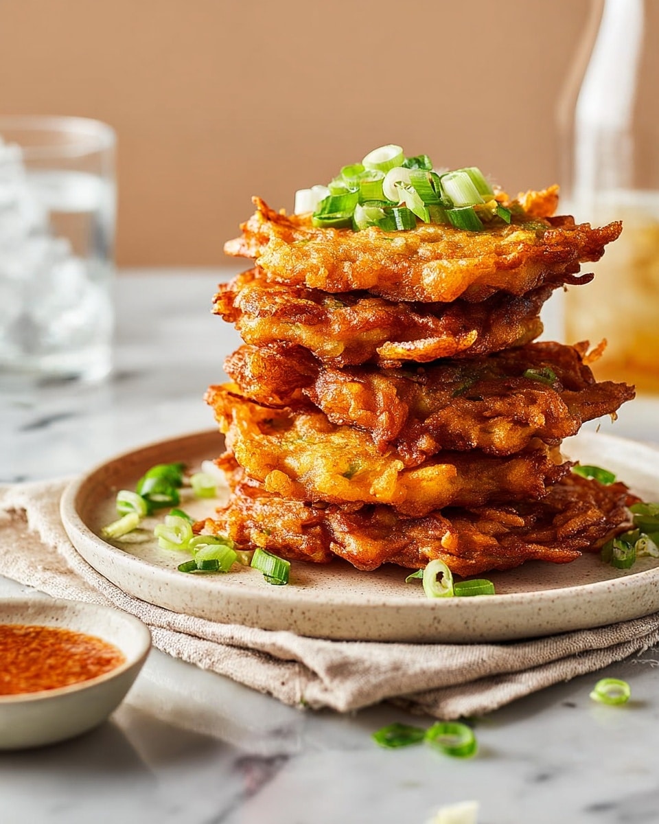 A stack of six crispy, golden-brown fritters is placed on a white plate with a rough texture, sitting on a beige cloth over a white marbled surface. Each fritter shows an uneven, crinkly texture with bits sticking out, giving a crunchy look. The top fritter is garnished with bright green sliced spring onions. In the background, there is a glass and a bottle with lemon slices, but the focus is on the fritters. To the left front is a small white bowl filled with a reddish-orange chunky sauce. Photo taken with an iphone --ar 4:5 --v 7