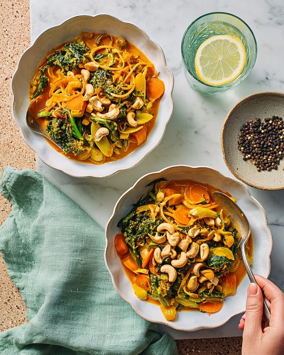 Two white scalloped bowls are filled with a layered dish featuring bright orange slices of cooked carrot and sweet potato, vibrant green beans and spinach leaves, all covered in a rich red-orange sauce. The top of each bowl is garnished with creamy peanut pieces, adding texture. One bowl has a spoon inside, and nearby is a small white dish holding ground black pepper. A glass of water with a lemon wedge and a light green cloth napkin sit beside the bowls, all placed on a white marbled surface. photo taken with an iphone --ar 4:5 --v 7