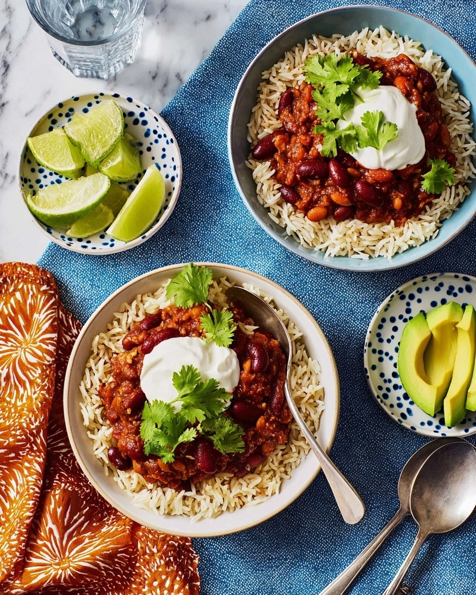 Two bowls on a white marbled surface with a yellow patterned cloth and a blue cloth underneath. Each bowl has a base layer of light brown rice, topped with a thick, dark red bean chili with visible beans and chunks. A dollop of white sour cream sits on the chili, sprinkled with black pepper, and fresh green cilantro leaves rest on the sour cream. On one side of each bowl, there are three slices of bright green avocado. One bowl is white with blue patterns and has a spoon inside it, while the other bowl is blue. Near the top right, a small white bowl with blue specks holds lime wedges. Two silver spoons rest on the bottom left near the bowls. Photo taken with an iphone --ar 4:5 --v 7