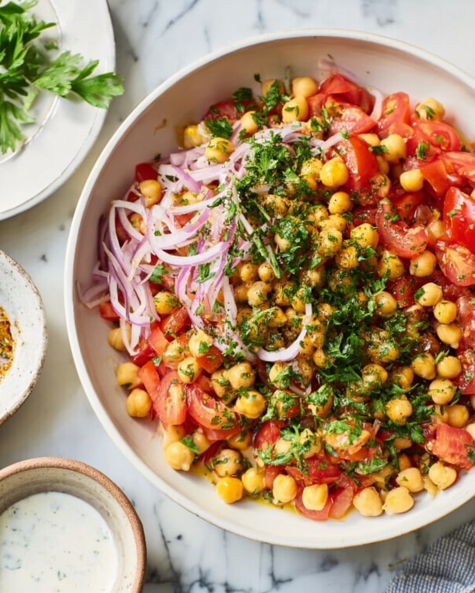 The image shows a shallow white bowl filled with a colorful chickpea salad. The salad has three clear layers: at the bottom, there are light beige chickpeas; in the middle, there are red tomato slices and small pieces of purple onion; and on top, there are green parsley leaves scattered all over. The salad is drizzled with a shiny yellow olive oil and small bits of seasoning can be seen. The bowl is placed on a white marbled surface, with part of another white bowl filled with a creamy white dip visible nearby. Photo taken with an iphone --ar 4:5 --v 7