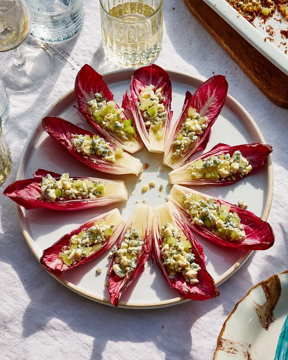 A white round plate holds ten deep red endive leaves arranged in a loose circle. Each leaf is topped with a creamy mixture of finely chopped green celery, light yellow cheese, and bits of blue cheese crumbles, showing a mix of light green, pale yellow, and blueish textures and colors on the red leaves. The plate is placed on a white marbled textured tablecloth, with a clear drinking glass filled with water and ice nearby, and part of a white baking dish with brown baked marks visible on the right side. Warm sunlight shines on the food, creating a natural fresh look. Photo taken with an iphone --ar 4:5 --v 7