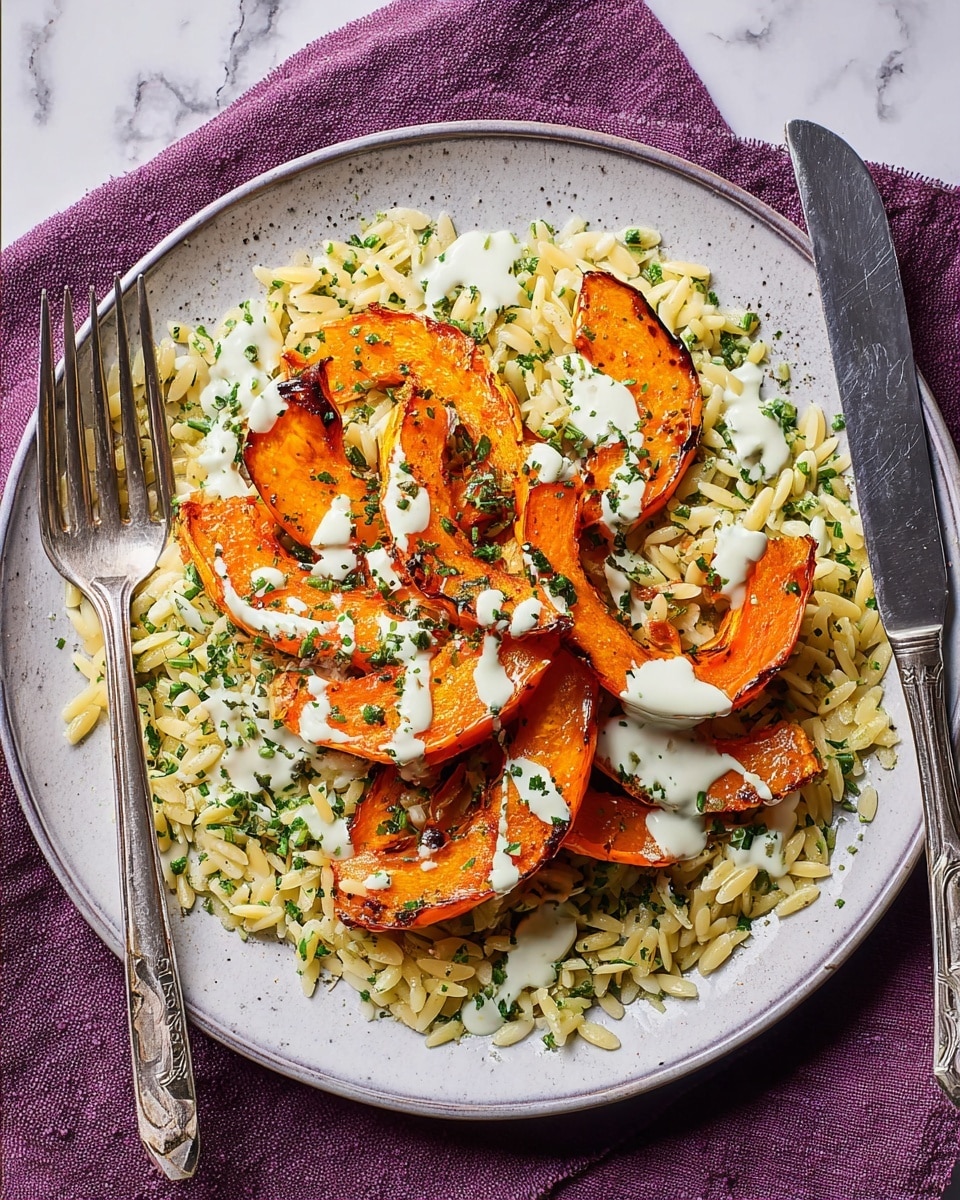 A round white plate holds a base layer of small, light yellow orzo pasta mixed with finely chopped green herbs, creating a speckled texture. On top of the orzo sits a second layer of bright orange roasted pumpkin slices, some with caramelized edges, arranged in a slightly overlapping circular pattern. White creamy sauce is drizzled unevenly over the pumpkin slices, with a few scattered green herb bits on top. A silver fork rests on the left side of the plate, with the prongs touching the pasta, and a silver knife lies parallel on the right side. The plate is set on a violet cloth that is placed on a white marbled surface. photo taken with an iphone --ar 4:5 --v 7