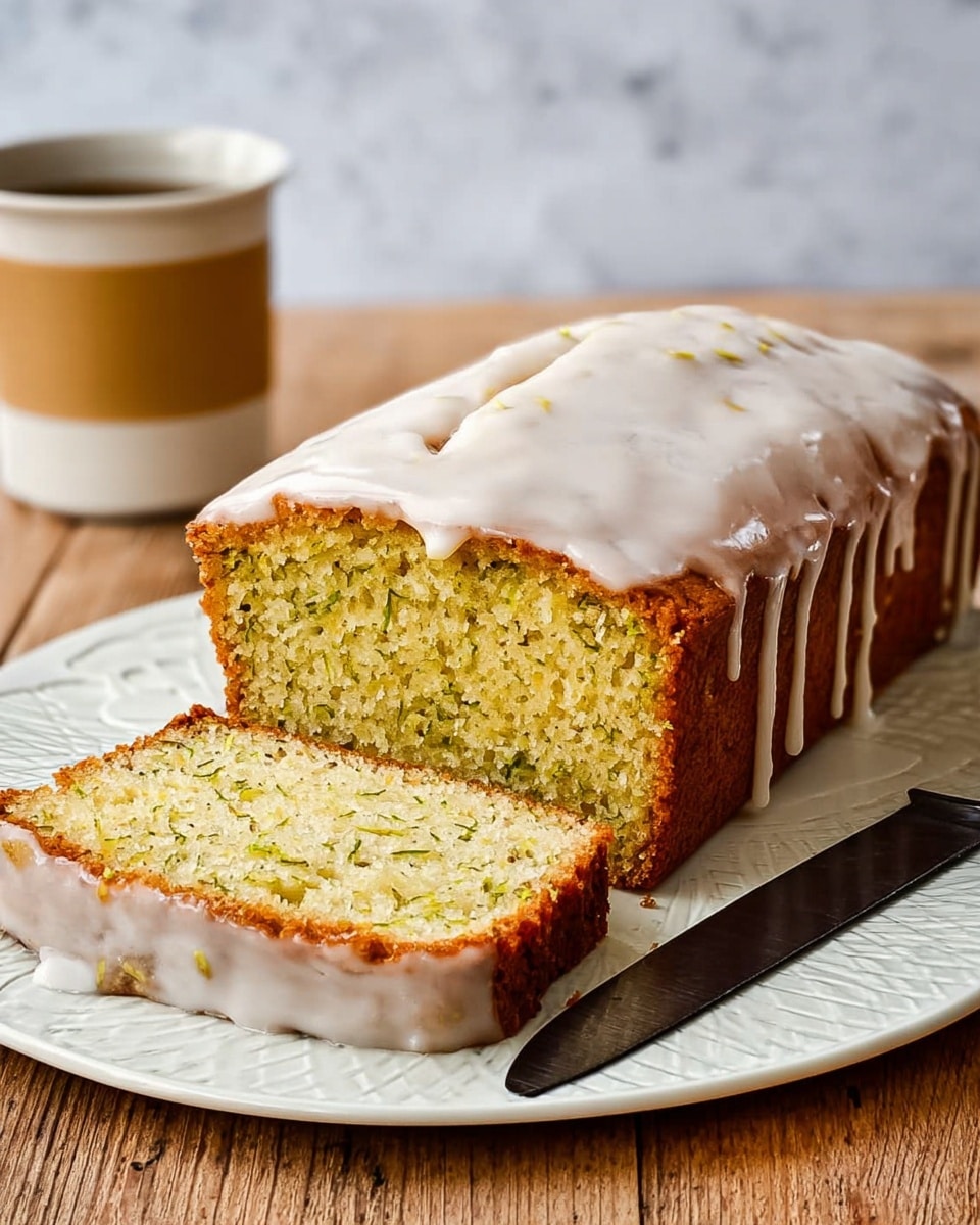 The image shows a sliced loaf cake with a thick white glaze on top and sides, resting on a white rectangular plate with a subtle textured pattern. The cake has a golden brown crust with a moist, pale yellow inside that has small green flecks, indicating some herbs or zest. One slice is cut and placed in front of the main loaf, with some glaze dripping slightly onto the plate. A knife with a black handle is placed on the right side of the plate. In the background, there is a white cup with light brown liquid inside, all set on a white marbled surface. photo taken with an iphone --ar 4:5 --v 7