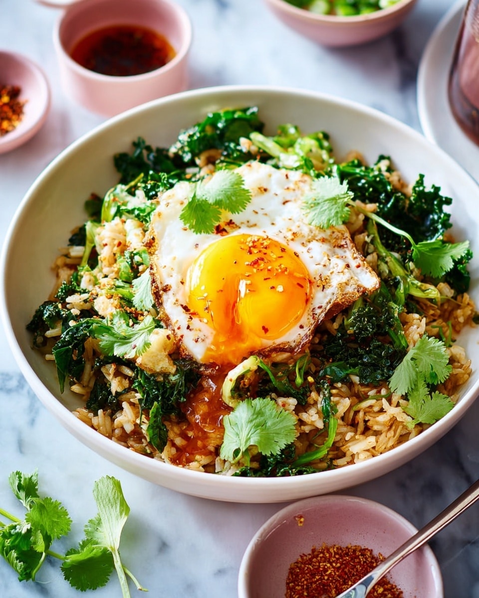 A white bowl filled with a bed of cooked rice mixed with bright green kale and small pieces of light green celery, all slightly seasoned with red spices sprinkled on top. On the top center, there is a sunny-side-up fried egg with a shiny bright yellow yolk partially runny, surrounded by white cooked egg white edges. Fresh green cilantro leaves decorate the right side of the dish. The bowl sits on a white marbled surface, with a pink small bowl of red spice powder in the lower left corner and chopsticks with a pink and white striped cloth to the right. photo taken with an iphone --ar 4:5 --v 7
