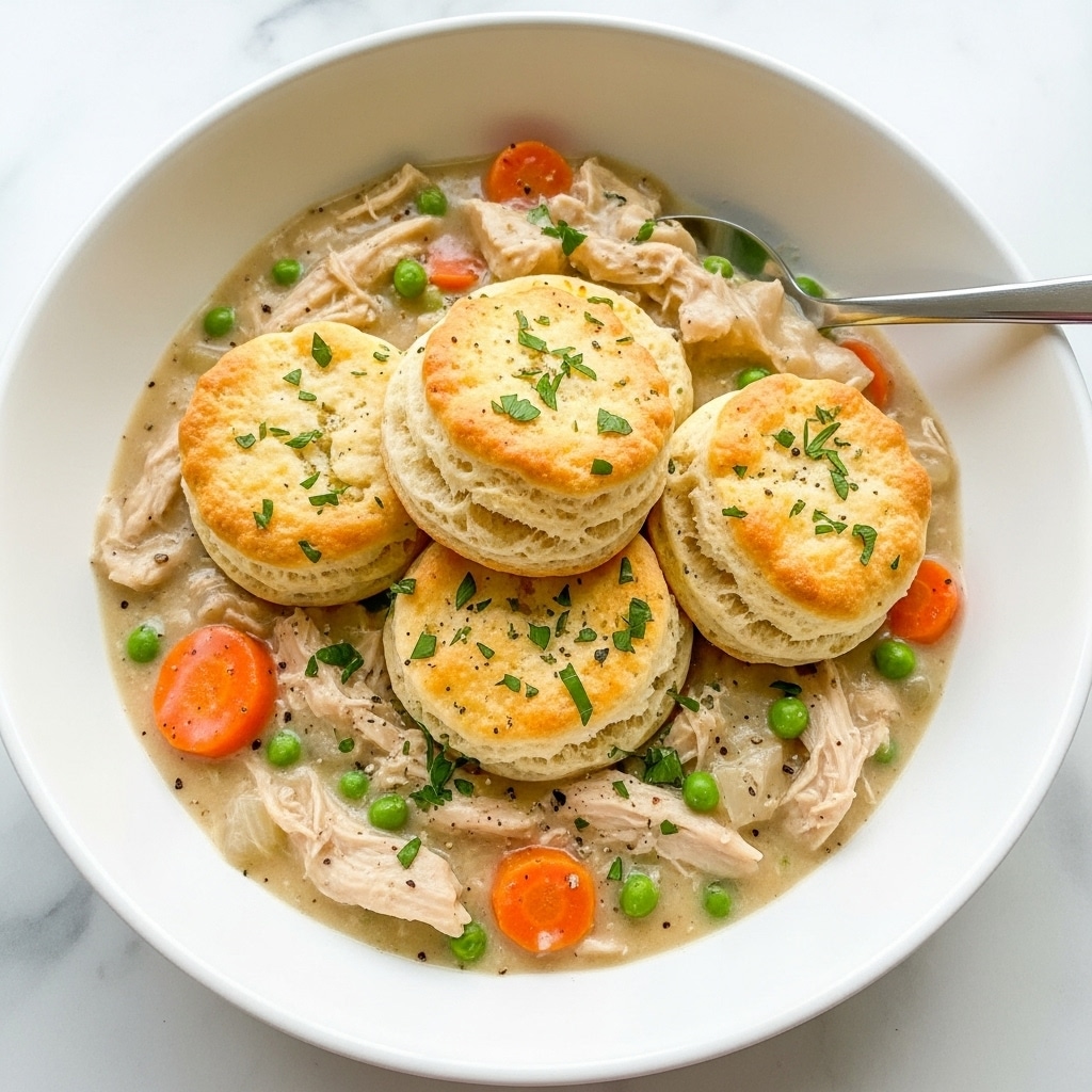 The image shows a close-up of a white pan filled with a thick creamy stew. The stew has chunks of orange carrots, green peas, and shredded white chicken mixed in a creamy light beige sauce. On top, there are several golden-brown biscuit rounds, each with a crispy textured top and sprinkled with small green herb bits and black pepper. A silver spoon rests inside the pan on the right side, scooping some of the stew and biscuit. The background is a white marbled texture. photo taken with an iphone --ar 4:5 --v 7