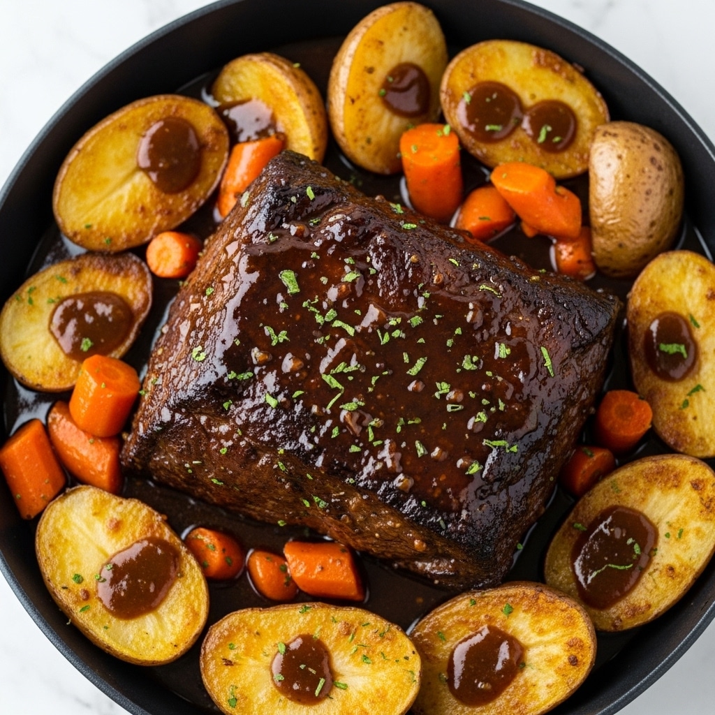 A close-up top view of a cooked beef pot roast placed in the center of a round black pot. The beef is dark brown with a glossy, thick sauce coating and scattered small green herb pieces on top. Around the beef, there are golden-brown potato chunks and bright orange carrot pieces, all also glistening with sauce. The dish has a hearty and rich look with the vegetables and sauce visibly mingling under the beef. The background is a white marbled texture. photo taken with an iphone --ar 4:5 --v 7