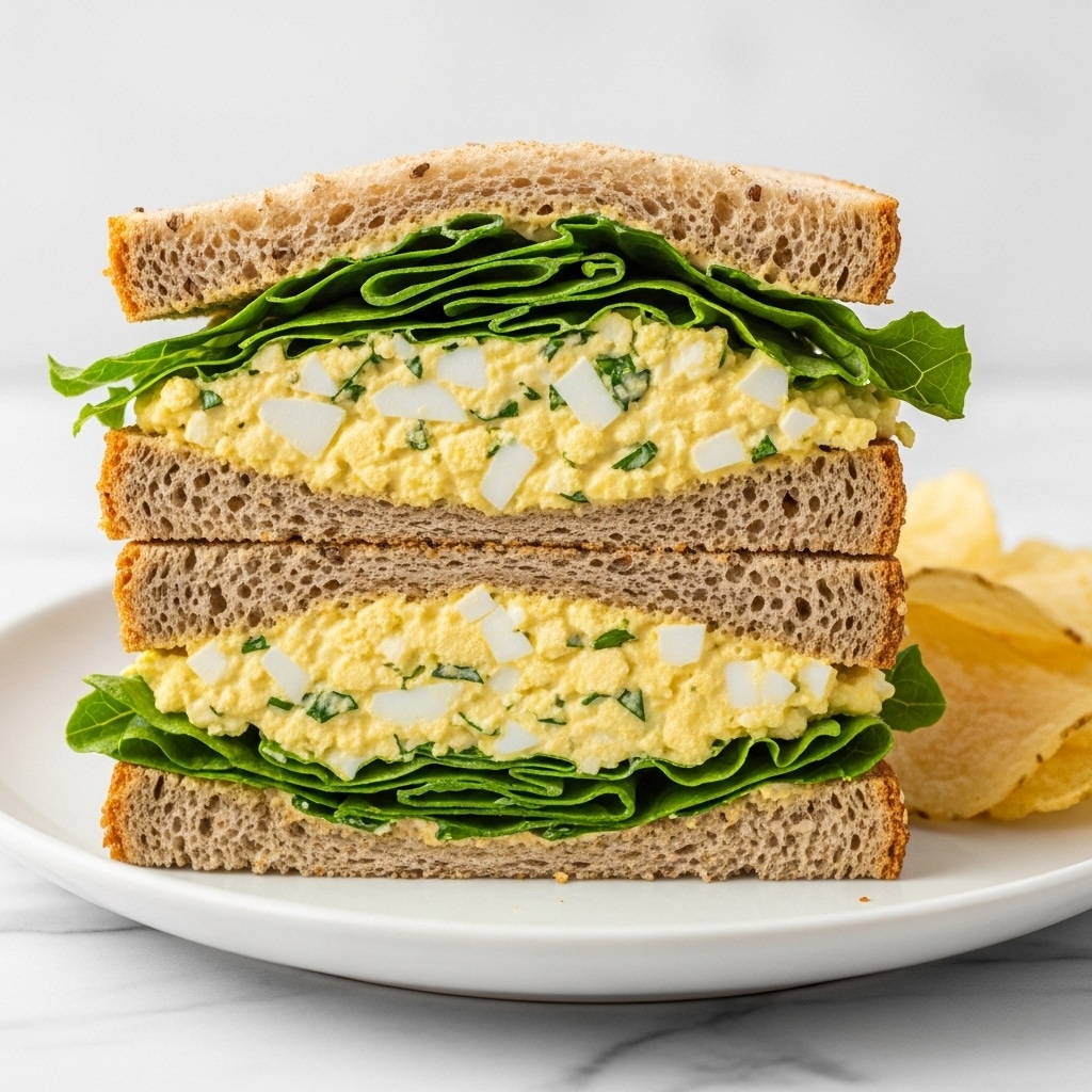 The image shows a sandwich stacked in two layers on a white plate with potato chips on the side. Each sandwich layer consists of two slices of brown whole grain bread with a fluffy texture and visible grains. Between the bread slices, there is a thick spread of creamy egg salad, pale yellow with small pieces of diced egg white and yolk mixed with green herbs and mayonnaise. Under the egg salad, there is fresh green leaf lettuce, adding color and texture. The sandwich is cut in half and stacked so the filling layers are clearly visible. The background is a white marbled surface. photo taken with an iphone --ar 4:5 --v 7