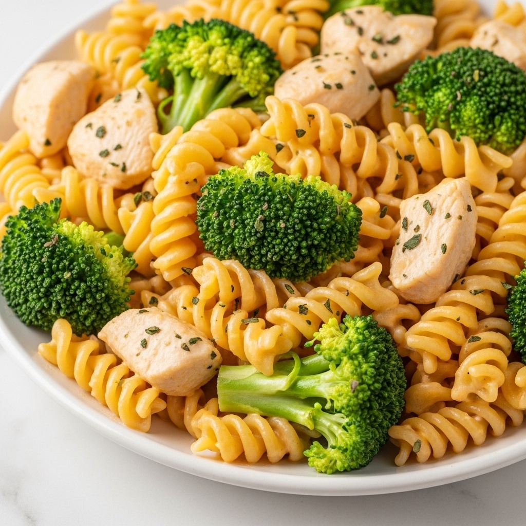 A close-up view of a white plate filled with creamy rotini pasta mixed with pieces of cooked chicken and small broccoli florets. The pasta spirals are coated in a smooth, light yellow cheese sauce that looks rich and cheesy. The chicken pieces are tender and slightly browned, adding texture, while the broccoli adds green color and a fresh look to the dish. Bits of melted cheddar cheese and small herbs are sprinkled on top, giving extra color and detail. The dish is placed on a white marbled surface. photo taken with an iphone --ar 4:5 --v 7