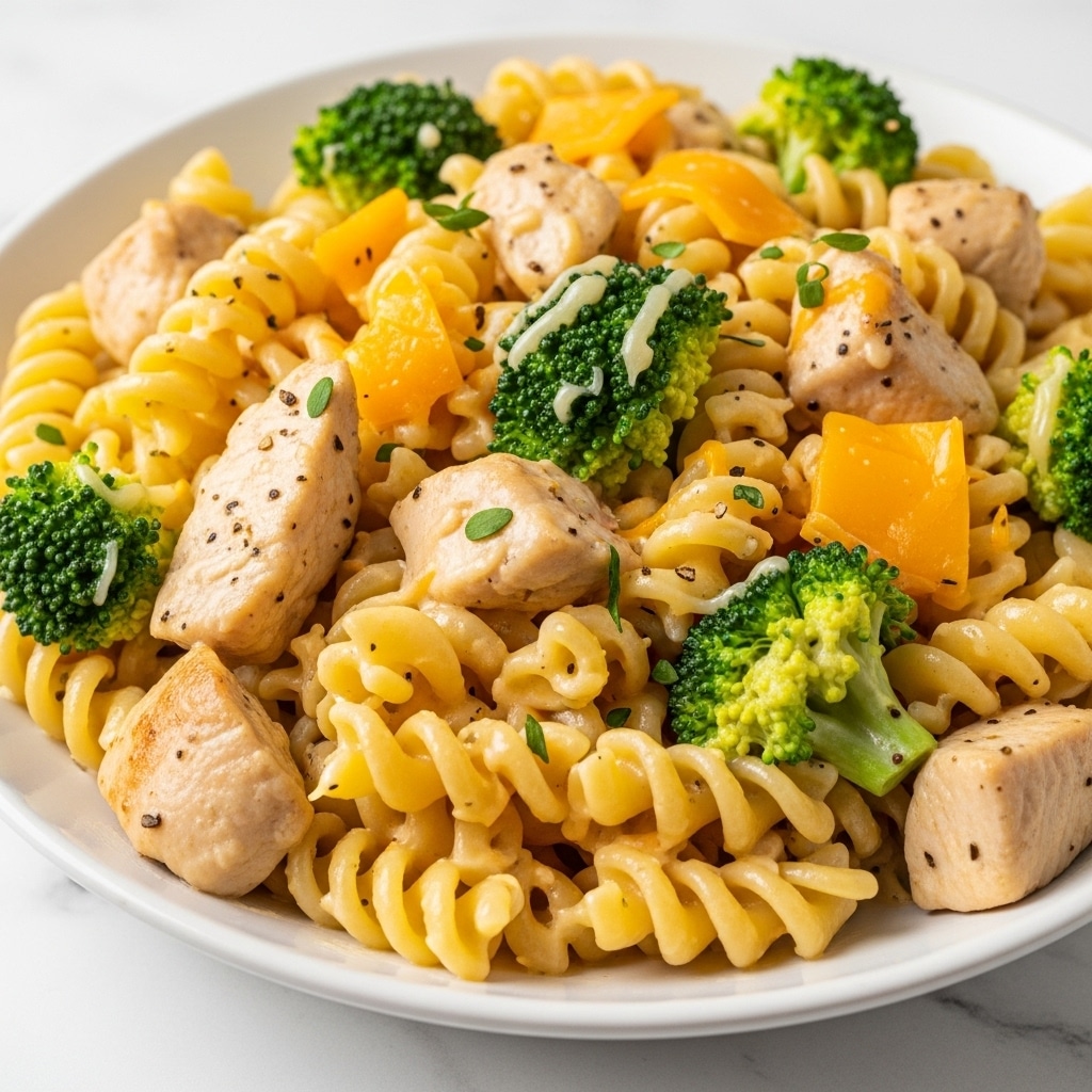 A close-up view of a white plate filled with creamy rotini pasta mixed with chunks of cooked chicken and bright green broccoli florets. The pasta is covered in a smooth, light orange cheese sauce that clings to each spiral. Small bits of chopped herbs are scattered across the dish, adding flecks of green. The broccoli pieces are well steamed with a slightly rough texture, and the chicken chunks are tender and light brown. The plate rests on a white marbled surface. photo taken with an iphone --ar 4:5 --v 7