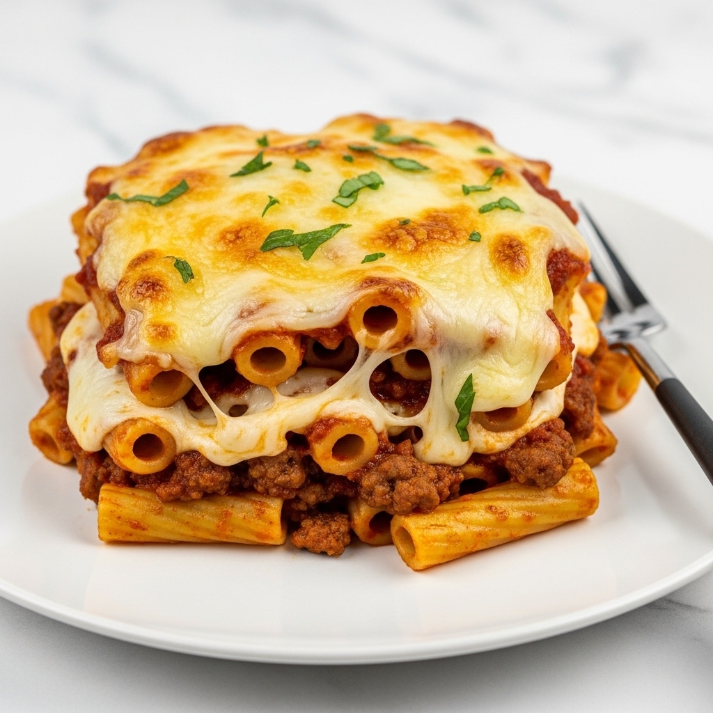 A white round plate holds a serving of baked pasta with three visible layers; the bottom layer is a mix of rigatoni pasta coated in a rich red tomato sauce with ground meat, the middle layer is melted mozzarella cheese with some golden brown spots from baking, and the top layer is melted cheese sprinkled with small green parsley pieces. There are some small bits of meat and sauce spread around the edges of the dish. A silver fork with a black handle rests on the edge of the plate, set against a white marbled surface. photo taken with an iphone --ar 4:5 --v 7