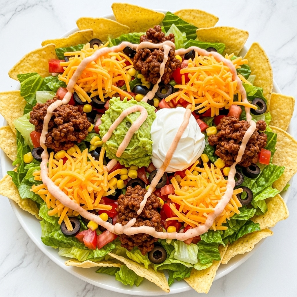 A large white plate holds a colorful layered taco salad. The base layer is crispy, light yellow tortilla chips arranged around the edge. On top of the chips is a bed of fresh green lettuce. Scattered over the lettuce are black olive slices, small diced red tomatoes, yellow corn kernels, and chopped purple onions. Seasoned ground beef with a rich brown color is spread in clumps across the salad. Bright orange shredded cheddar cheese is sprinkled over everything. In the center, there is a scoop of green guacamole topped with a dollop of white sour cream. A light pink creamy dressing is drizzled over the whole salad, adding a smooth texture. The plate rests on a white marbled surface with a soft white cloth nearby. Photo taken with an iphone --ar 4:5 --v 7