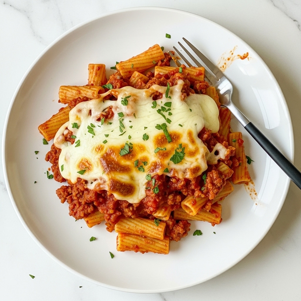 A white plate holds a layered baked pasta dish with a base of rigatoni pasta mixed with chunky brown ground meat and rich red tomato sauce. There are several layers topped with melted golden and white cheese that is bubbly and slightly browned in spots. The cheesy layer covers the pasta completely, with small bits of green garnish scattered on top. The dish looks hot and gooey, with some cheese stretching slightly. A silver fork with a black handle rests on the plate's edge, and the background is a white marbled texture. photo taken with an iphone --ar 4:5 --v 7