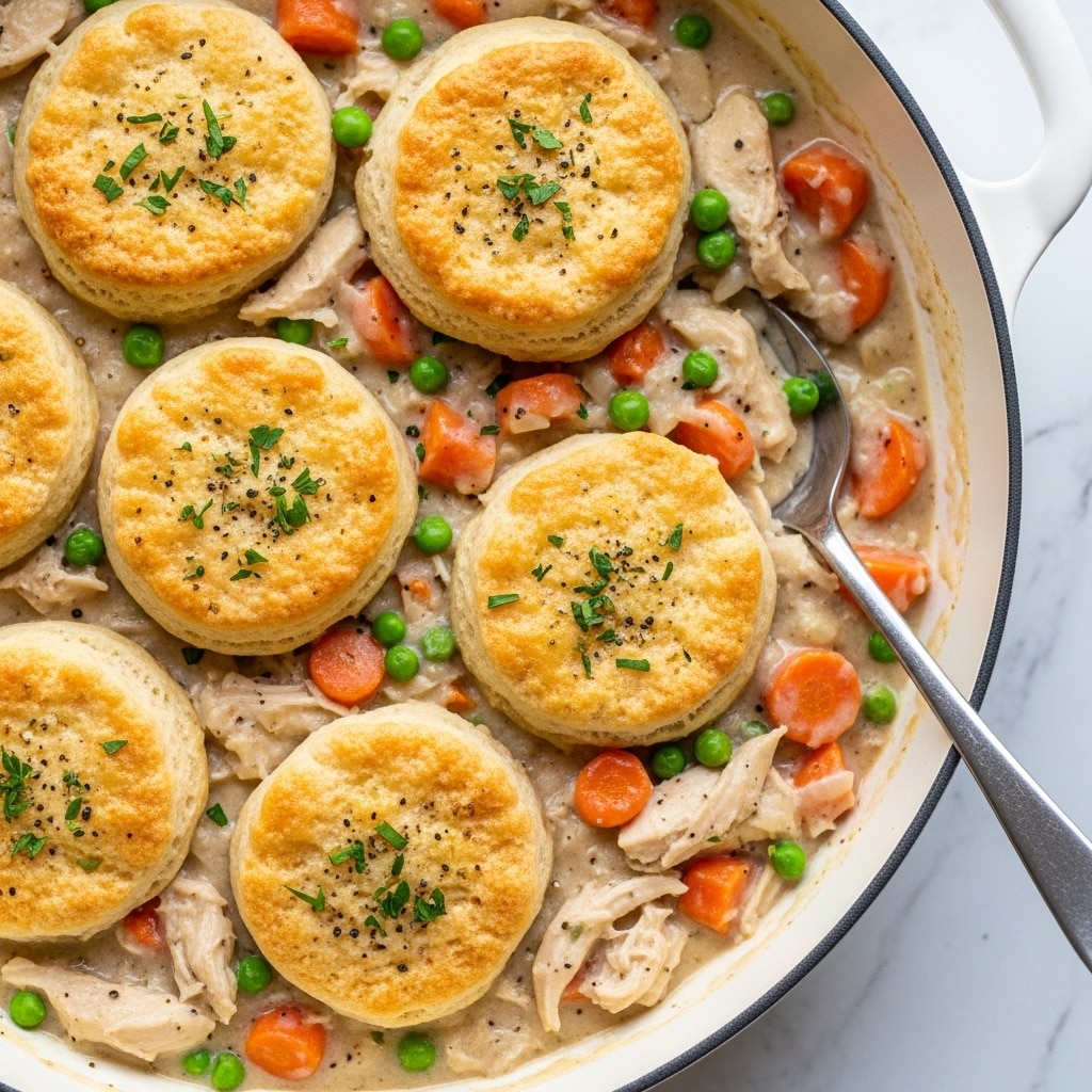 The dish shows a white bowl filled with thick, creamy chicken stew that has visible chunks of shredded chicken, orange carrot slices, and green peas mixed in a light beige sauce. On top, there are five golden-brown biscuit layers, crisp and fluffy, with scattered green herb bits and a sprinkle of black pepper. The stew's texture is smooth with vegetable pieces hidden beneath the biscuit layers. A silver spoon rests inside the bowl on the right side. The bowl sits on a white marbled surface. photo taken with an iphone --ar 4:5 --v 7
