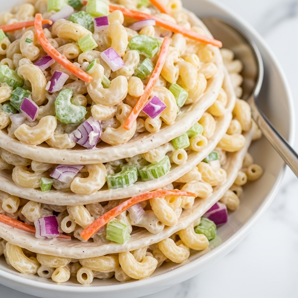 A close-up view of a white bowl filled with creamy macaroni salad, showing many small curved pasta pieces coated in a light beige dressing. Mixed in are small chunks and thin slices of colorful vegetables like orange carrot sticks, green celery pieces, and bits of red onion, all evenly combined in the dish. A silver spoon is partially visible on the right side inside the bowl, resting on the edge. The bowl sits on a white marbled surface. photo taken with an iphone --ar 4:5 --v 7