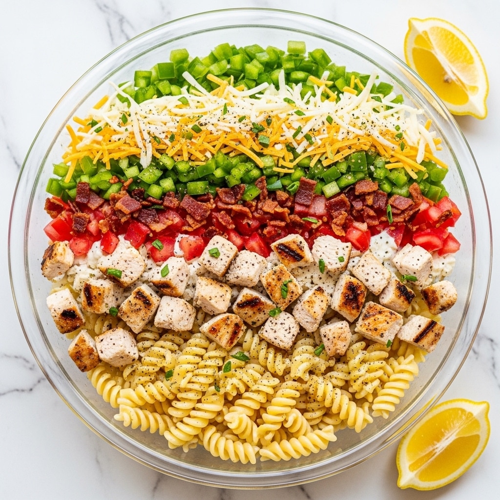 A clear glass bowl filled with three layers of food: the bottom layer is pale yellow spiral pasta, the middle layer has pieces of grilled chicken that are light brown with grill marks, bright red tomato chunks, and green bell pepper pieces, and the top layer is sprinkled with shredded yellow and white cheese, small bits of crispy dark red bacon, and small green herb leaves, all mixed together. The bowl is on a white marbled surface, with two lemon wedges in the upper right corner of the image. photo taken with an iphone --ar 4:5 --v 7