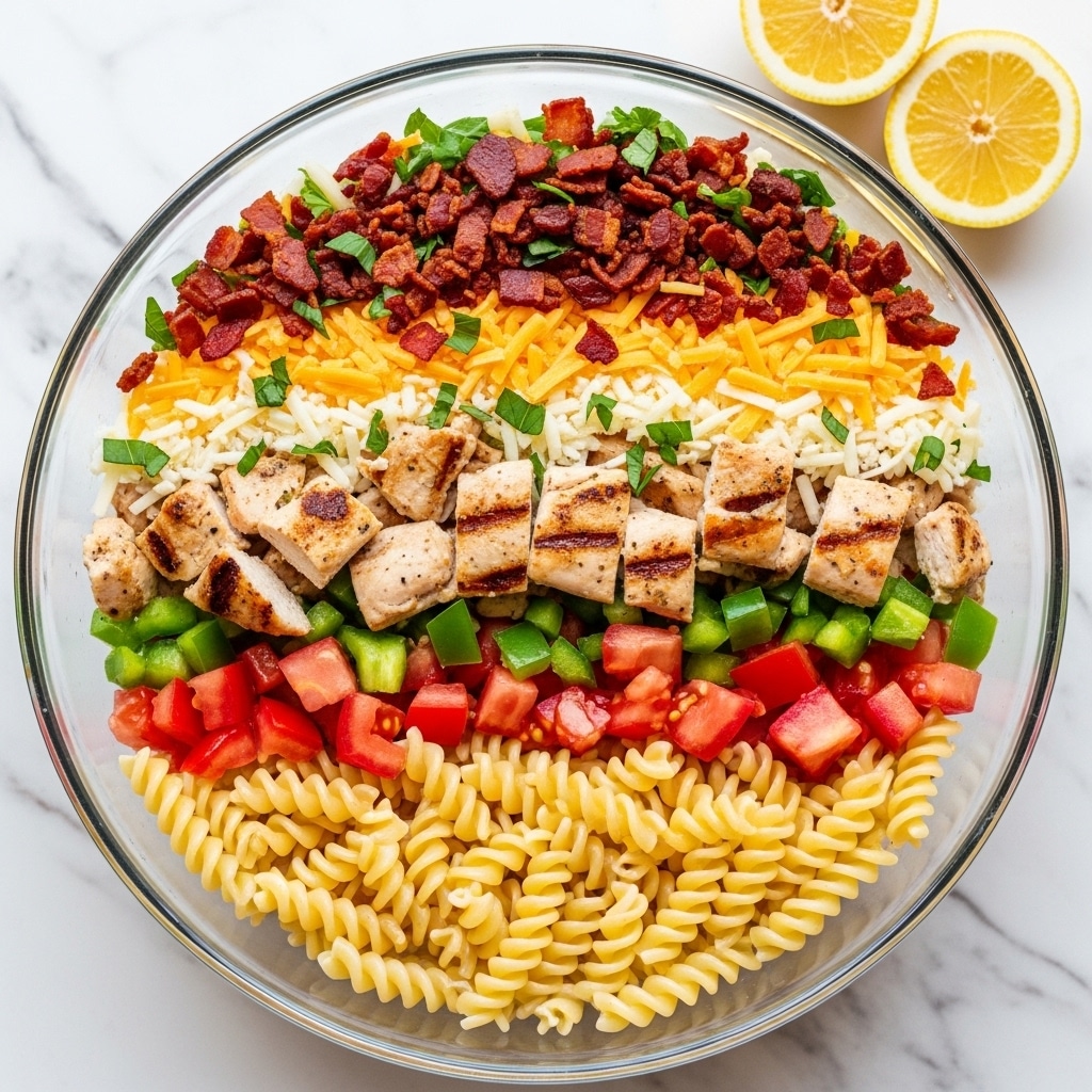 A clear glass bowl filled with a colorful pasta salad on a white marbled surface, showing several layers and textures mixed together: pale yellow spiral rotini pasta at the base, scattered with charred light brown grilled chicken chunks evenly spread throughout, bright red tomato pieces and red bacon bits layered above and between the pasta, small green bell pepper pieces interspersed evenly, and thin strands of both white and yellow shredded cheese topping the salad. The salad has a slight drizzle of white dressing visible on top, sprinkled with small green herbs and black pepper flecks. Two lemon wedges rest on the white marbled surface near the bowl. Photo taken with an iphone --ar 4:5 --v 7