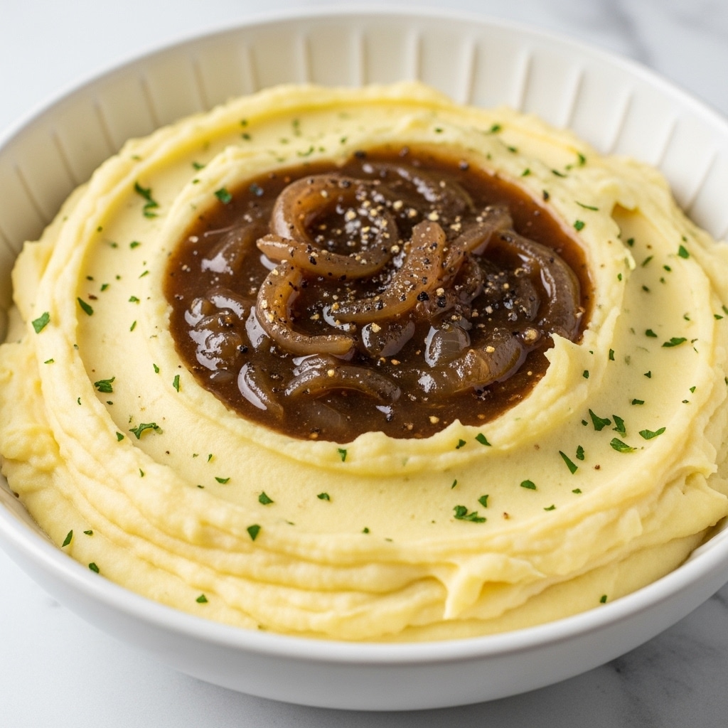 A close-up view of creamy mashed potatoes in a white bowl, arranged in a circular pattern with soft peaks around the edge. In the center, there is a thick, glossy brown onion gravy with visible sliced onions mixed throughout. The mashed potatoes are pale yellow and smooth in texture, contrasting with the richer, darker brown gravy. Small green herb sprinkles add a touch of color on the mashed potatoes and gravy. A silver spoon is partially visible on the right side, resting inside the bowl, all set on a white marbled surface. Photo taken with an iphone --ar 4:5 --v 7