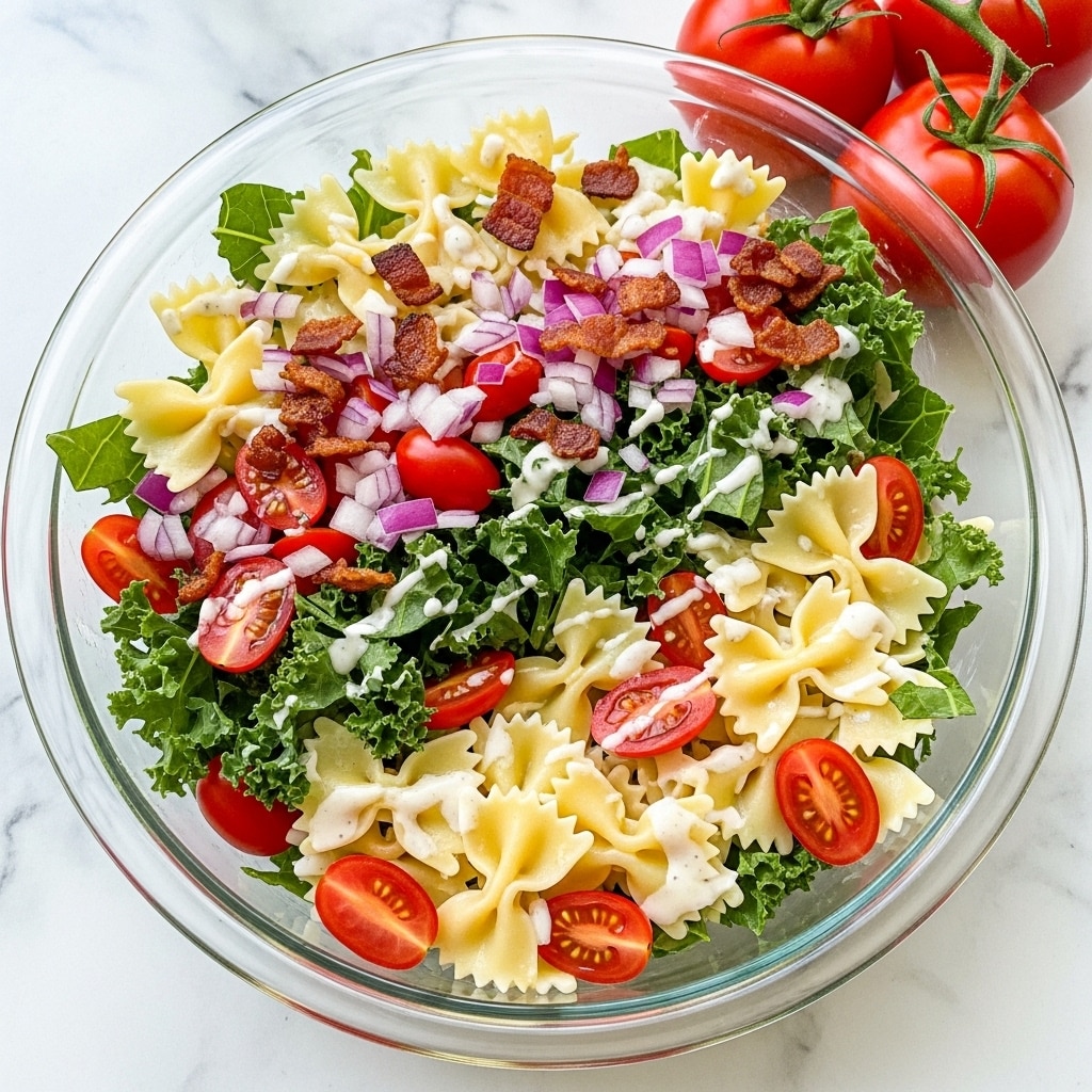 A clear glass bowl filled with a colorful salad sits on a white marbled surface. The salad has layers starting with creamy white bowtie pasta mixed with bright green leafy kale. Scattered throughout are vibrant red cherry tomato pieces, small bits of crispy brown bacon, and tiny pieces of finely chopped purple onion. The salad is lightly coated with white dressing that clings to many parts, giving a fresh and creamy look. Photo taken with an iphone --ar 4:5 --v 7