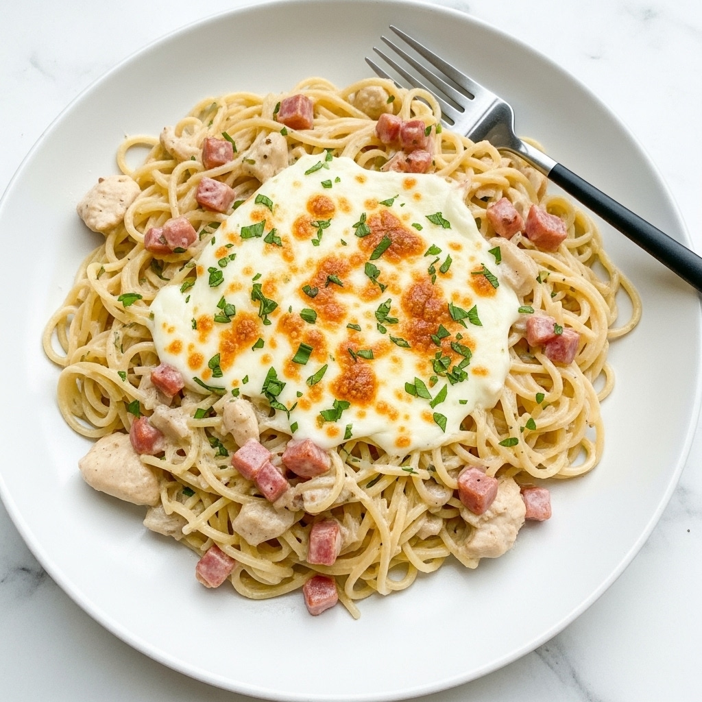 A white plate filled with creamy spaghetti coated in a pale yellow cheese sauce mixed with small red tomato pieces, topped with a melted, bubbly layer of browned cheese, sprinkled with green herb bits and small red chili flakes throughout, with a silver fork with a black handle resting on the side on a white marbled surface photo taken with an iphone --ar 4:5 --v 7