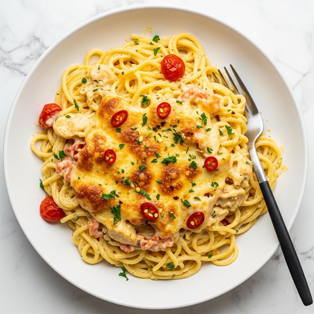 A white plate holds a creamy pasta dish with a base of thin spaghetti noodles mixed in a light beige sauce. Scattered through the noodles are small chunks of pinkish-red bacon. On top is a melted white layer of cheese, slightly browned in spots, creating a bubbly, golden texture. Finely chopped green herbs are sprinkled over the whole dish, adding small bright green accents. A fork with a black handle rests on the edge of the plate, placed on a white marbled surface. photo taken with an iphone --ar 4:5 --v 7