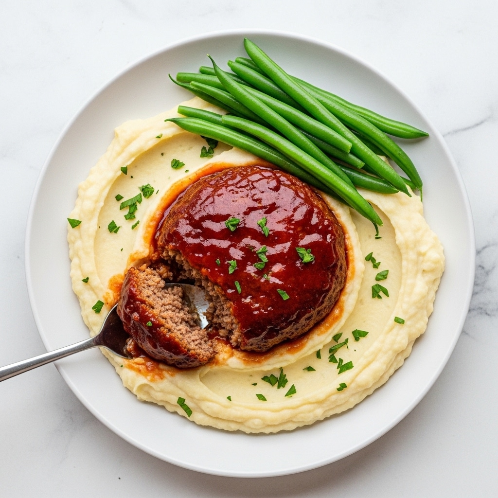 A white plate holds a bed of creamy mashed potatoes with a smooth, slightly textured surface showing soft swirls. On top sits a thick, round meatloaf patty covered in a shiny, rich reddish-brown sauce that glistens under the light. Small, finely chopped green herbs are sprinkled lightly over the mashed potatoes and meatloaf, adding a touch of color. A few bright green beans peek from the top left corner of the plate. A silver spoon is cutting into the meatloaf, showing the meat's dense, slightly crumbly inside beneath the glossy sauce. The plate rests on a white marbled textured surface. Photo taken with an iphone --ar 4:5 --v 7
