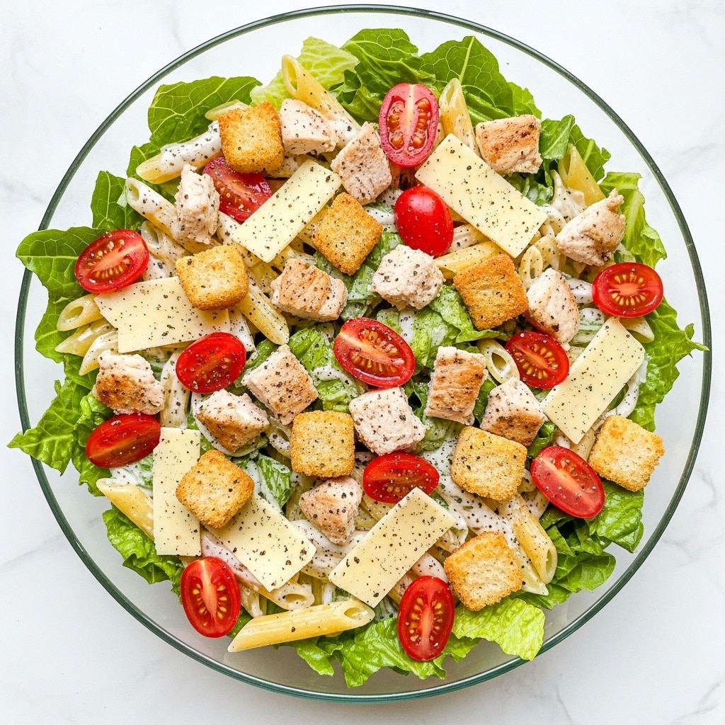 The image shows a clear glass bowl filled with a fresh salad on a white marbled surface. The salad has several layers: at the bottom, there are chopped green romaine lettuce leaves with a creamy white dressing spread throughout, followed by cooked yellow penne pasta mixed evenly. On top of this, there are grilled chicken pieces in small chunks with a lightly browned surface, scattered red cherry tomato halves, and golden-brown croutons placed mostly on the edges. Thin white parmesan cheese shavings are sprinkled across the salad, and a touch of ground black pepper is visible on top. The overall texture is fresh and creamy with a mix of soft, crunchy, and tender ingredients. photo taken with an iphone --ar 4:5 --v 7