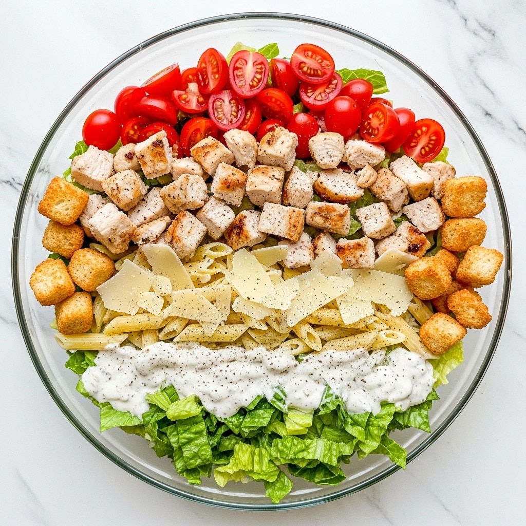 The image shows a fresh salad in a clear glass bowl on a white marbled surface. The salad has several layers: the bottom layer is bright green lettuce leaves, followed by medium-yellow penne pasta mixed throughout. On top, there are light brown grilled chicken pieces scattered evenly, small red cherry tomato halves, several golden brown croutons, and thin pale yellow cheese slices. The whole salad is lightly coated with creamy white dressing and sprinkled with black pepper for texture and color contrast. photo taken with an iphone --ar 4:5 --v 7