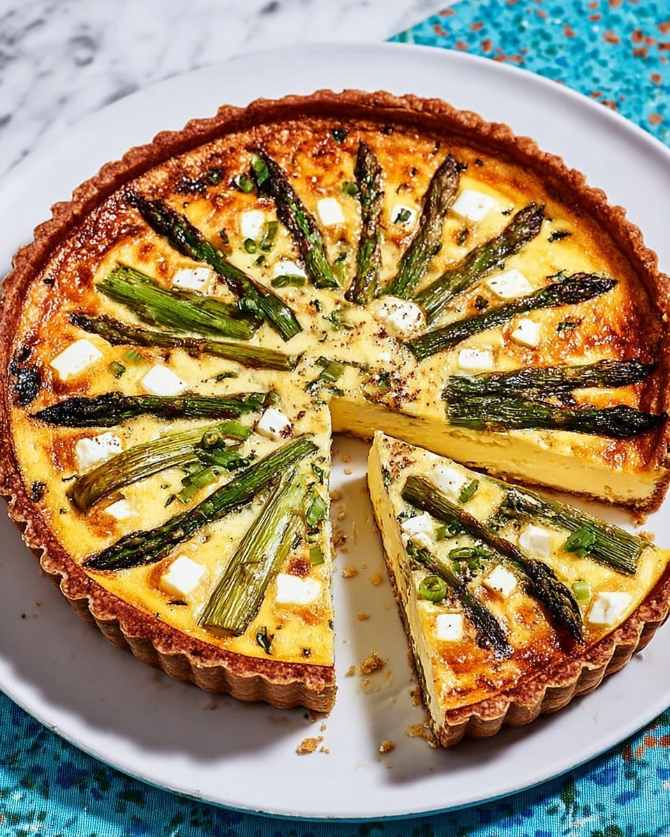 A round tart with a golden brown crust holds a creamy yellow filling dotted with off-white cheese cubes. On top, whole bright green asparagus spears are arranged in a fan-like pattern stretching from the center to the edges. One wedge of the tart is cut and slightly pulled out, showing the smooth, thick filling inside. The tart is placed on a white plate, all set on a white marbled surface with a blue and yellow patterned mat slightly visible. A knife with a green handle lies nearby. Photo taken with an iphone --ar 4:5 --v 7