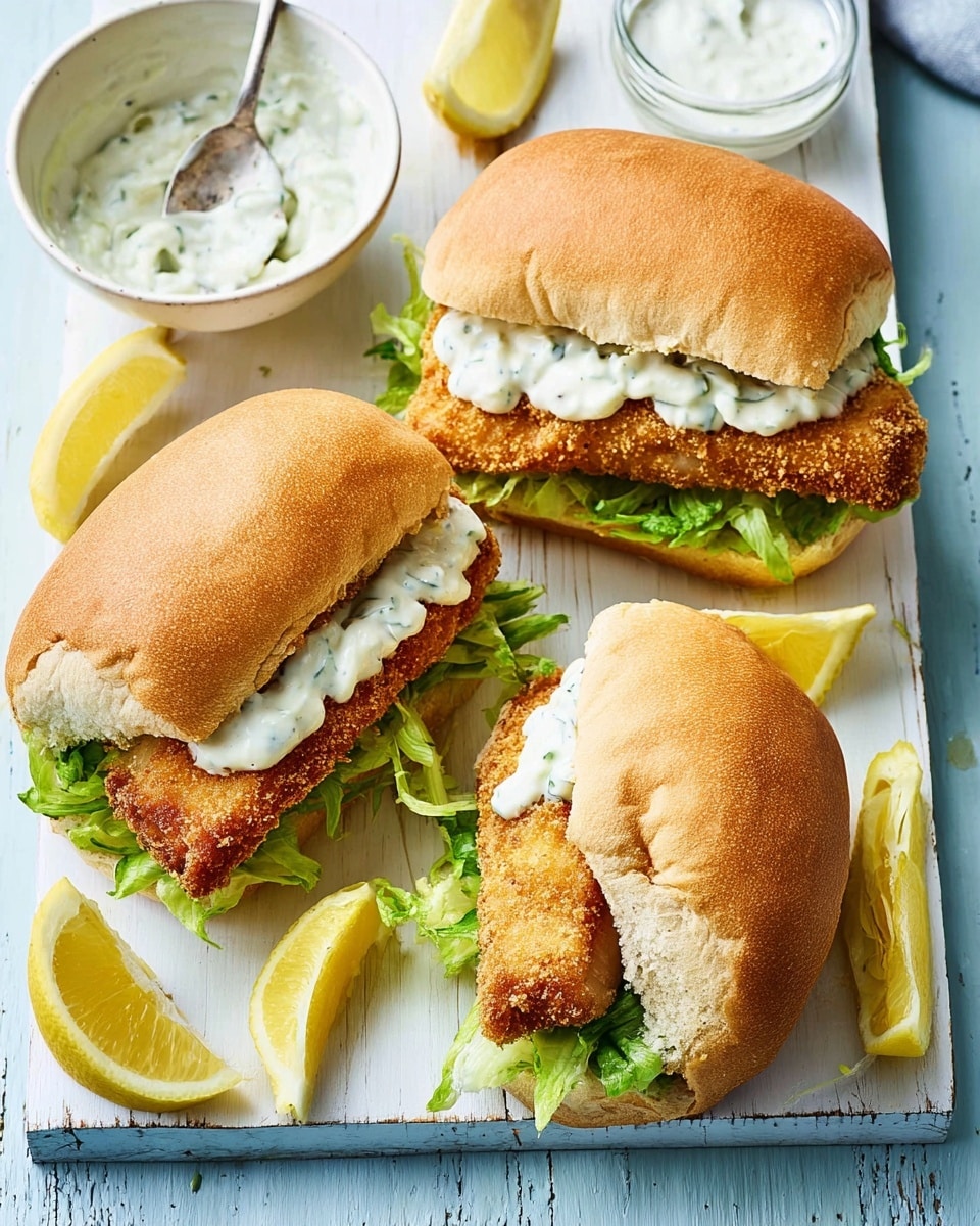 The image shows three fried fish sandwiches placed on a white marbled surface with light blue wood texture. Each sandwich has a golden-brown fried fish fillet placed inside a soft, light brown bun. The fish fillet is layered on top of green lettuce leaves and shredded cabbage. White creamy sauce is drizzled over the fish and lettuce inside the buns. The sandwiches are arranged with two lemon wedges nearby and a white cup with more creamy sauce and a spoon in the top left corner. The overall look is fresh with warm and cool color contrasts. photo taken with an iphone --ar 4:5 --v 7