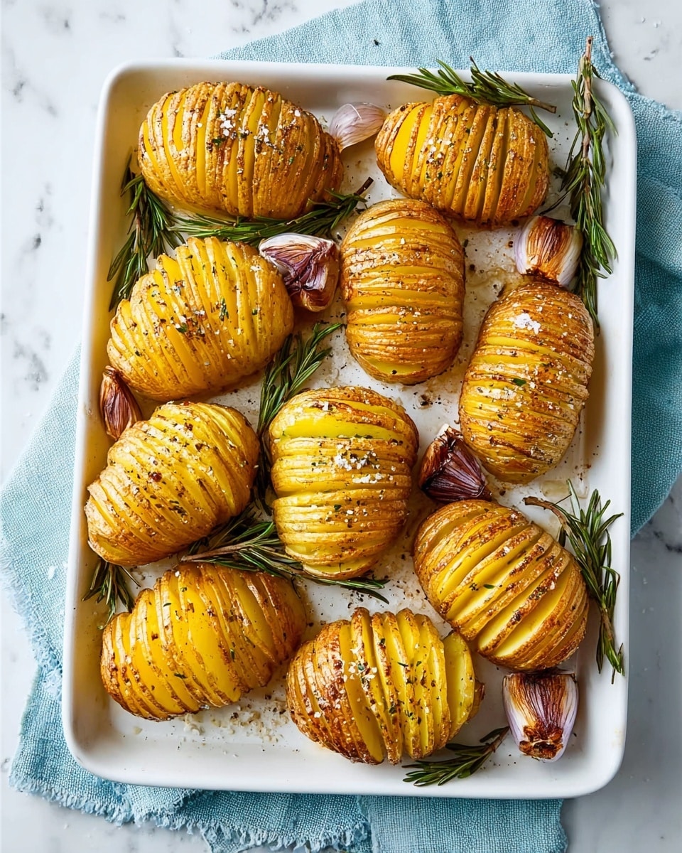 The image shows a white baking tray filled with eleven golden brown Hasselback potatoes, each thinly sliced almost to the bottom, creating a fan-like texture with crispy edges. The potatoes are sprinkled with coarse salt and black pepper, giving them a seasoned look. Scattered between the potatoes are roasted garlic cloves with purple skins and several dark green to brown rosemary sprigs, adding contrast and flavor. The tray sits on a light blue cloth, and the backdrop is a white marbled surface. photo taken with an iphone --ar 4:5 --v 7