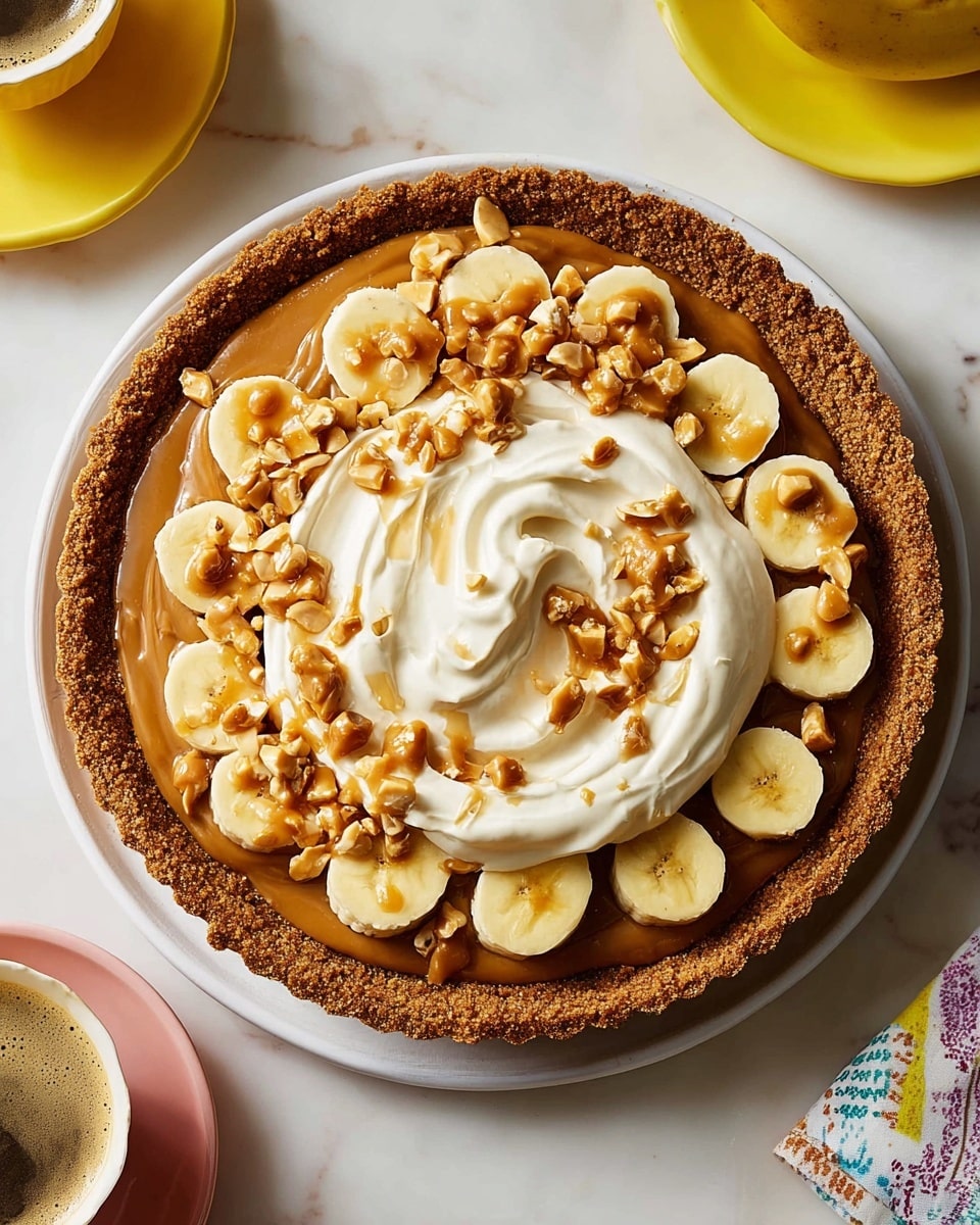 A round tart with four visible layers is shown on a white marbled surface. The bottom layer is a rough textured, golden brown crust forming the edge and base of the tart. The second layer is a smooth, caramel-colored filling covering the entire base inside the crust. The third layer consists of thick, round slices of pale yellow bananas arranged in a single ring around the inner edge above the caramel. On top, a thick, creamy white whipped layer is spread unevenly, creating soft peaks and swirls. Scattered across the whipped cream are clusters of caramelized hazelnuts, shiny and golden brown, adding a crunchy texture to the top. Photo taken with an iphone --ar 4:5 --v 7