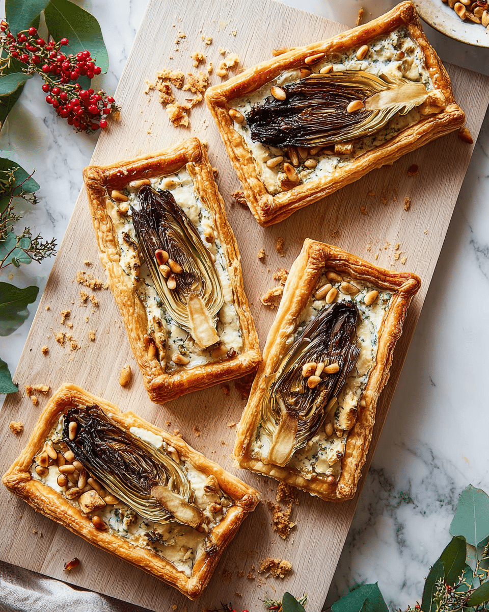 Four rectangular puff pastry tarts with golden, flaky edges are placed on a white wooden cutting board. Each tart has a single roasted endive leaf in the center, dark brown and slightly charred at the tips, lying on a creamy cheese base with a browned, bubbly surface. Small pale pine nuts are scattered on top of the pastry and cheese layers. Around the cutting board, there are green eucalyptus leaves and pink peppercorns adding color to the white marbled texture background. A spoon rests in a white bowl with a creamy sauce and beetroot pieces visible at the edge of the frame. Photo taken with an iphone --ar 4:5 --v 7